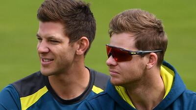 Australia captain Tim Paine, left, with Steve Smith during a training session ahead of the third Ashes Test. AFP