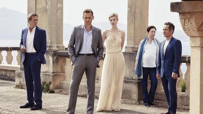 From left, Hugh Laurie as Richard Roper, Tom Hiddleston as Jonathan Pine, Elizabeth Debicki as Jed Marshall, Olivia Colman as Angela Burr and Tom Hollander as Major Corkoran. Mitch Jenkins / The Ink Factory / AMC