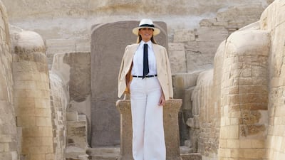 Visiting the ancient statue of Sphinx at historical Giza Pyramids site near Cairo, Egypt she wore a Ralph Lauren jacket and a Chanel hat and pumps and looked a lot like a character in a remake of Indiana Jones. Photo / AP