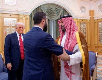 Syrian President Ahmad Al Shara with US President Donald Trump and Saudi Crown Prince Mohammed bin Salman in Riyadh. SPA