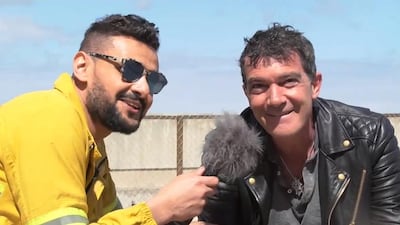 Television prankster Ramez Galal, left, is back this Ramadan of practical jokes played on a fresh batch of celebrities, including Antonio Banderas, right. Courtesy MBC