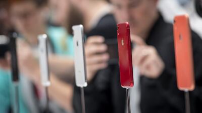 Apple iPhone XS Max smartphones are displayed during an event at the Steve Jobs Theater in Cupertino, California, on Sept. 12, 2018. Apple debuted a trio of phones that cater to a broader audience. Bloomberg