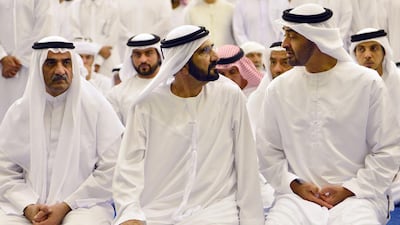 Sheikh Mohammed bin Rashid speaks to Sheikh Mohammed bin Zayed during the funeral of Sheikh Rashid bin Mohammed at Zabeel Mosque in Dubai. AFP Photo