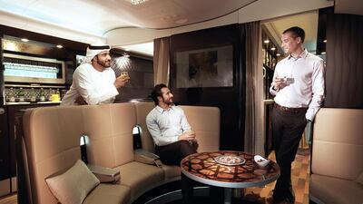 The Lobby, a six-seater area towards the rear of Etihad’s A380 business class area. Courtesy Etihad
