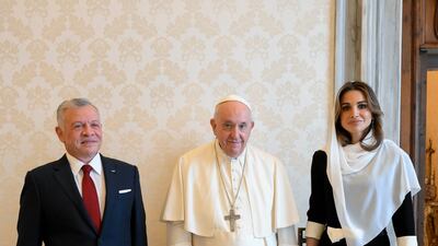 Jordan's King Abdullah II and Queen Rania with Pope Francis at the Vatican. Photo: @RHCJO / Twitter