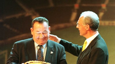 Just Fontaine of France is welcomed into the Fifa Hall of Champions by Germany's Franz Beckenbauer in 1999. Getty