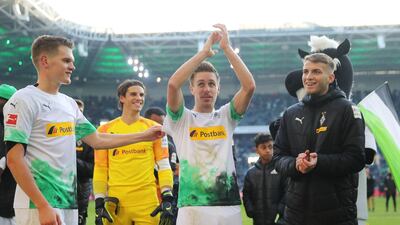 Borussia Monchengladbach players celebrate after beating Werder Bremen 3-1 in their last Bundeslioga match. Getty