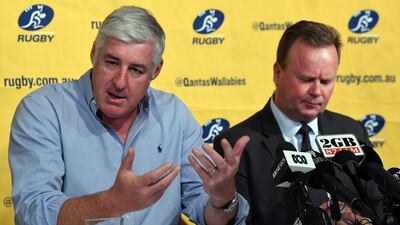 Australian Rugby Union (ARU) chairman Cameron Clyne, left, speaks as Bill Pulver, CEO of the ARU, looks on at a press conference at ARU headquarters in Sydney on August 11, 2017. Australia's Western Force have been dropped from next season's Super Rugby, the Australian Rugby Union said on August 11, prompting an immediate threat of legal action by the club. Saeed Khan / AFP