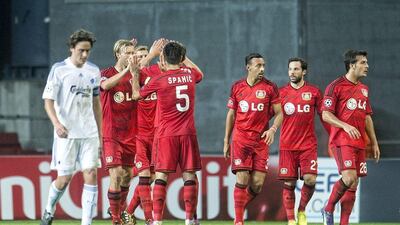 Bayer Leverkusen players celebrate the third goal by Korean Son Heung-min in their 3-2 first-leg, away victory over FC Copenhagen. Jens Noergaard Larsen / EPA