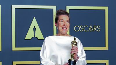 Jacqueline Durran poses in the press room with the Oscar for Costume Design for Little Women' at the 92nd Academy Awards on Sunday, February 9. EPA