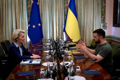 Ursula von der Leyen met Ukraine's President Volodymyr Zelenskyy several times in Kyiv as the war dominated the second half of her term. Reuters