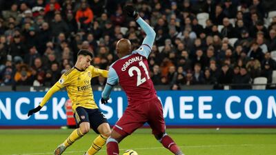 Arsenal's Gabriel Martinelli scores their first goal. Reuters