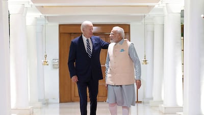 Indian Prime Minister Narendra Modi, right, hosts US President Joe Biden in New Delhi. Indian Press Information Bureau / EPA