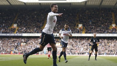 Tottenham Hotspur's Dele Alli celebrates after scoring during the English Premier League match against Southampton at White Hart Lane in London, Sunday, March 19, 2017. Frank Augstein / AP Photo