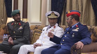 Brigadier General Saleh Mohammed Saleh al Ameri, Commander of the UAE Ground Forces, left, Major General Ibrahim Al Musharakh, Commander of the UAE Naval Forces, centre, and Major General Ibrahim Nasser Al Alawi, Commander of the UAE Air Forces and Air Defence, at a reception for King Mohammed VI. Rashed Al Mansoori / Crown Prince Court - Abu Dhabi