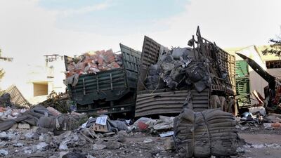 A damaged aid lorry that never made it to Aleppo on September 20, 2016 - an example of what Physicians for Human Rights called the 'slow-motion slaughter' by the Syrian regime of their countrymen trapped in besieged and hard-to-reach areas. Aleppo 24 News / AP