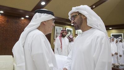Sheikh Mohammed bin Zayed, Crown Prince of Abu Dhabi and Deputy Supreme Commander of the Armed Forces, thanks Dr Zaki Nusseibeh, cultural adviser at the Ministry of Presidential Affairs, after his lecture at Al Bateen Palace. Mohamed Al Hammadi / Crown Prince Court – Abu Dhabi