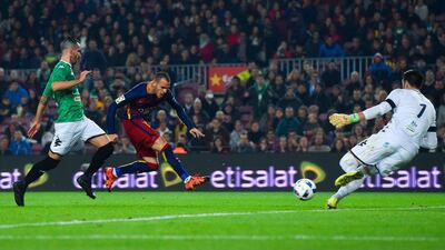 Sandro Ramirez of Barcelona scores his team’s third goal during their Copa del Rey victory over Villanovense on Wednesday night. David Ramos / Getty Images