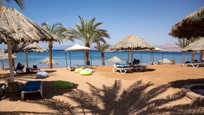 A view of an almost empty newly reopened hotel private beach in Aqaba, some 300km south of Amman, Jordan. Jordan government announced on 27 May that it will consider reopening tourist sites in the coming weeks after deciding on the required safety procedures. EPA