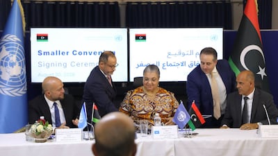 Representatives of Libya's rival political parties sign an agreement on holding long-delayed national elections within two years. Photo: Unsmil