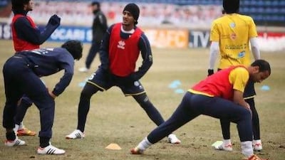 The UAE players train ahead of their clash with Uzbekistan.