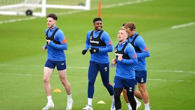 Declan Rice, Ben Johnson, Jarrod Bowen and Craig Dawson during a session at Rush Green Training Ground. PA