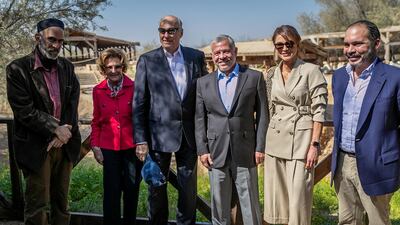 Jordanian Prince Ghazi bin Muhammad, Norway's Queen Sonja, Norway's King Harald V, Jordan's king Abdullah II, Jordan's Queen Rania, and Jordanian Prince Ali, pose during their visit to the Baptism Site on the Jordan River, where the baptism of Jesus Christ took place. REUTERS