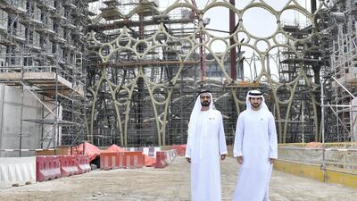 Sheikh Mohammed bin Rashid, Vice President and Ruler of Dubai, tours the Expo 2020 Dubai site with Sheikh Hamdan bin Mohammed, Crown Prince of Dubai. Courtesy Wam