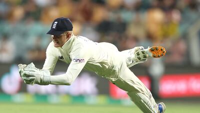 England wicketkeeper Sam Billing takes a catch to dismiss Marnus Labuschagne for five in Australia's second innings. Getty