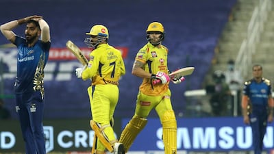 Chennai Super Kings, in yellow, beat Mumbai Indians in the first game of the 2020 IPL. Vipin Pawar / Sportzpics for BCCI