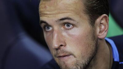 Tottenham Hotspur's Harry Kane looks on from the bench at the beginning of the team's Europa League contest against Qarabag on Thursday night. Ian Kington / AFP