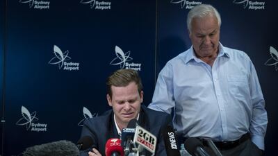 Steve Smith cried during a statement in Australia apologising for his role in the ball-tampering scandal. Brook Mitchell / Getty Images