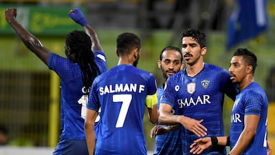 Al Hilal celebrate scoring against Shahr Khodro during their AFC Champions League group B match at the Zabeel Stadium in Dubai. AFP
