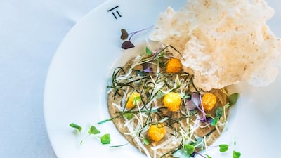 Eggplant mousseline with white miso, barley chips; Dh60