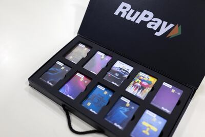 Mock-ups of Rupay Cards are displayed for a photograph at the office of National Payments Corporate of India (NPCI) in Mumbai, India. Kanishka Sonthalia / Bloomberg