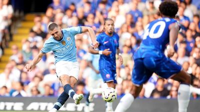 Manchester City's Mateo Kovacic scores his side's second goal in their 2-0 Premier League win over Chelsea at Stamford Bridge on Sunday, August 18, 2024. PA