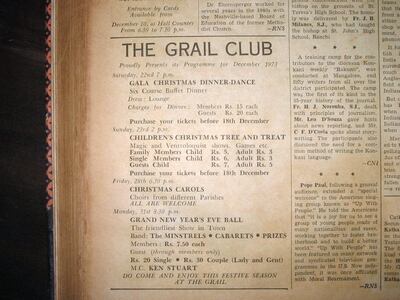 A newspaper advertisement for the Gala Christmas Dinner-Dance and other festive events at The Grail Club from 1973. The Herald
