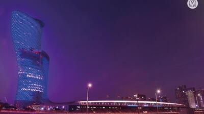 The Capital Gate lights up in blue colour, in solidarity with the global campaign #LightItBlue. Courtesy Abu Dhabi Government Media Office