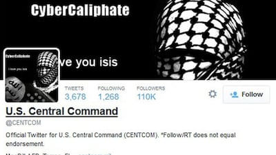 A computer screenshot shows the US Central Command Twitter feed after it was apparently hacked by people claiming to be ISIL sympathisers on January 12. Reuters