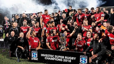 Crusaders' players celebrate their victory after the Super Rugby final between the Canterbury Crusaders of New Zealand and the Golden Lions of South Africa at AMI Stadium in Christchurch on August 4, 2018. AFP