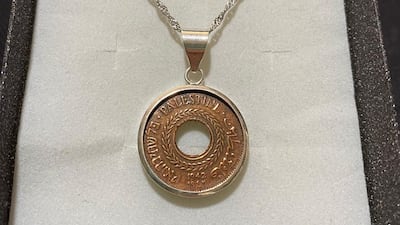 A necklace made from old Palestinian currency. Photo: Art48House / Instagram