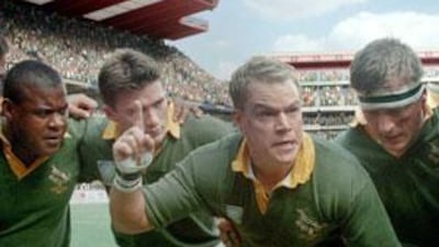 The South African rugby captain François Pienaar, played by Matt Damon, urges his team on to World Cup victory in the movie Invictus.