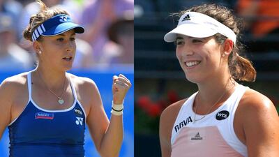 Switzerland's Belinda Bencic, left, and Spain's Garbine Muguruza could be the new favourites to win the Dubai Duty Free Tennis Championships now that world No 1 Serena Williams has been ruled out. AFP PHOTO / GLYN KIRK, REUTERS/Ahmed Jadallah