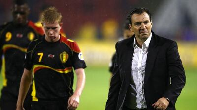 Kevin De Bruyne and Belgium coach Marc Wilmots during World Cup qualifying in October. Marko Djurica / Reuters