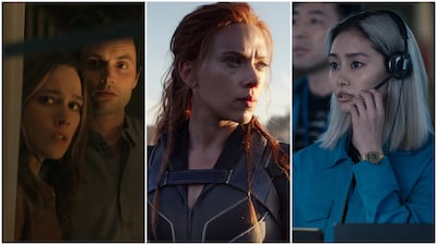 From left, stills from the new season of 'You', Marvel's 'Black Window' and 'Invasion'. Photo: Netflix; OSN Streaming; Apple TV+