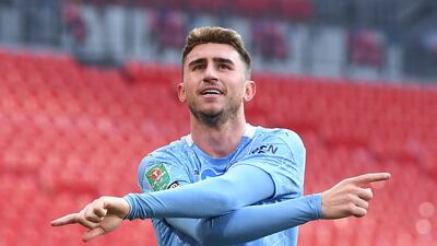 Manchester City's Aymeric Laporte celebrates after scoring the winner. EPA
