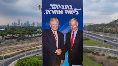 An election campaign billboard of the Likud party showing US President Donald Trump and Israeli Prime Minister Benjamin Netanyahu in Tel Aviv, in 2019. AP