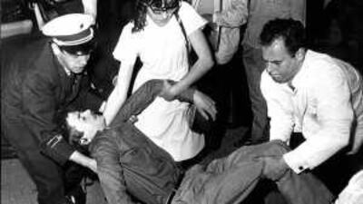 Student Benno Ohnesorg is carried away just after he was killed during a demonstration against the visit of the shah of Iran in Berlin in 1967.