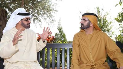 Sheikh Mohammed bin Rashid, Ruler of Dubai and Prime Minister of the UAE, right, receives Sheikh Mohammed bin Zayed, left. Wam