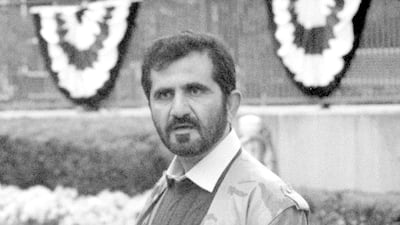 Sheikh Mohammed bin Rashid watching his horses walk in the Belmont Paddock during the Breeder's Cup in New York, 1995. Getty Images